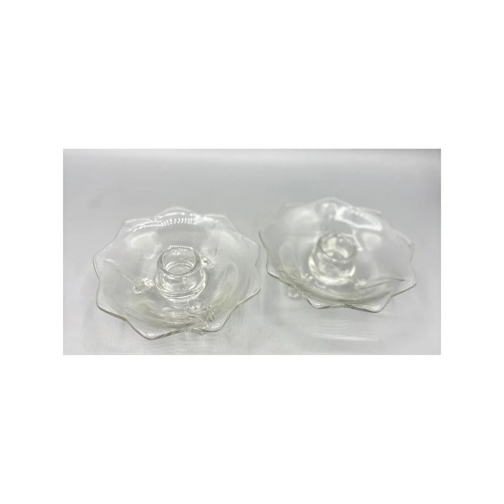 Vintage Clear Pressed Glass Scalloped Taper Candle Holders‎ Tripod Footed Pair